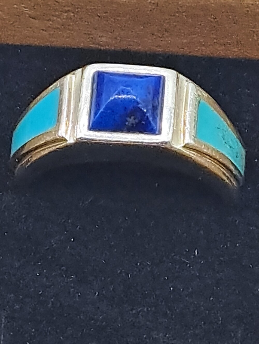 Vintage Sterling Ring With Lapis Lazuli & Turquoise Inlay Size 8.